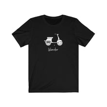 Load image into Gallery viewer, Wander Scooter T-Shirt. French and Italian Moped inspired tee. Travel lover shirt. The perfect tee to express your wanderlust or a unique gift for the traveler in your life. This comfy cotton tee shirt is great for men and women.  This classic unisex jersey short sleeve tee fits like a well-loved favorite. Soft cotton and quality print make you fall in love with it.
