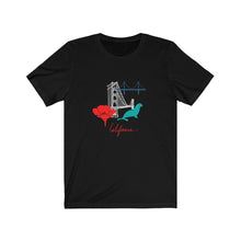 Load image into Gallery viewer, Short sleeve cotton T-Shirt for both men and women and offered in 5 great colors.  This comfy t-shirt combines all the iconic San Fran elements.  The golden gate bridge, seals, poppies, and the Cali spirit all in one beautiful design.  Perfect for a SF lover, California fan. 
