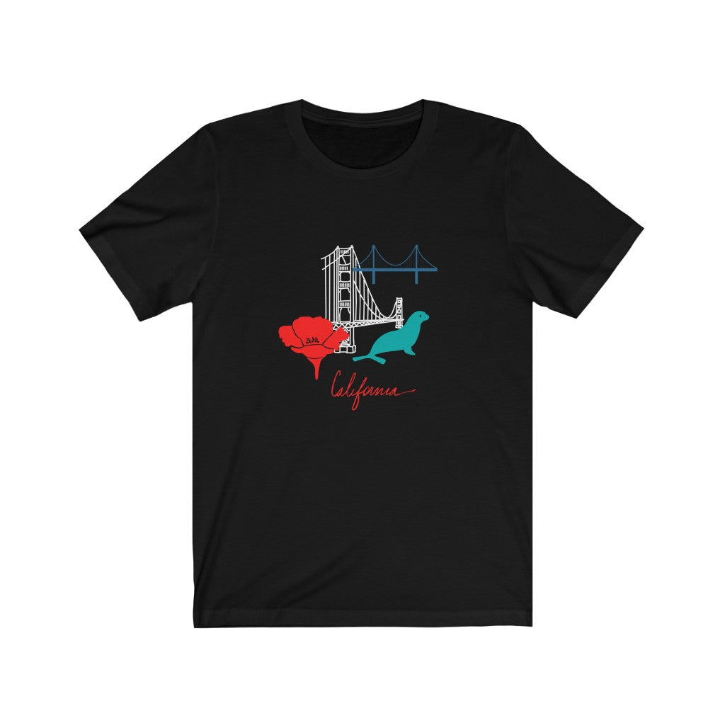 Short sleeve cotton T-Shirt for both men and women and offered in 5 great colors.  This comfy t-shirt combines all the iconic San Fran elements.  The golden gate bridge, seals, poppies, and the Cali spirit all in one beautiful design.  Perfect for a SF lover, California fan. 