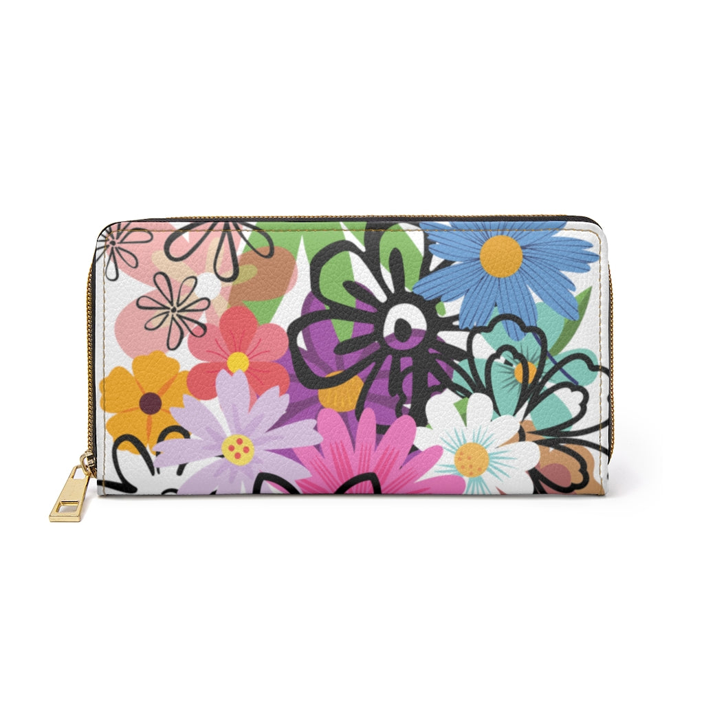 HIPPIE FLOWER ZIPPER WALLET - Flower wallet. Cute gift - Stylish wallet for women. Carry around all your credit cards, cash, and driver's licenses in style. Made with cruelty-free faux leather - Size: 7.87