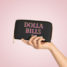 Load image into Gallery viewer, Dolla Bills Y&#39;All!! Zipper wallet. This fun and kitschy wallet will catch some attention. You&#39;ll love the gold stitching and cute design that will be a statement piece in your collection. Carry around all your credit cards, cash, and driver&#39;s licenses in style. Made with cruelty-free faux leather, this wallet comes packed with utility and beauty. 
