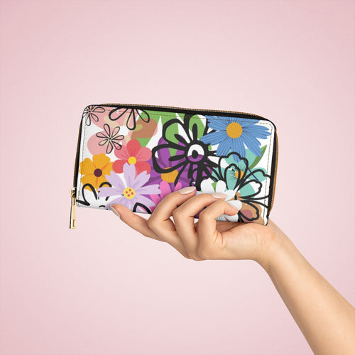 HIPPIE FLOWER ZIPPER WALLET - Flower wallet. Cute gift - Stylish wallet for women. Carry around all your credit cards, cash, and driver's licenses in style. Made with cruelty-free faux leather - Size: 7.87