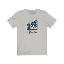 Load image into Gallery viewer, Wander Santorini T-Shirt. Greek Island tee. Travel lover shirt. The perfect tee to express your wanderlust or a unique gift for the traveler in your life. This comfy cotton tee shirt is great for men and women.  This classic unisex jersey short sleeve tee fits like a well-loved favorite. Soft cotton and quality print make you fall in love with it.
