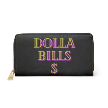 Load image into Gallery viewer, Dolla Bills Y&#39;All!! Zipper wallet. This fun and kitschy wallet will catch some attention. You&#39;ll love the gold stitching and cute design that will be a statement piece in your collection. Carry around all your credit cards, cash, and driver&#39;s licenses in style. Made with cruelty-free faux leather, this wallet comes packed with utility and beauty. 
