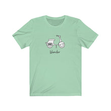 Load image into Gallery viewer, Wander Scooter T-Shirt. French and Italian Moped inspired tee. Travel lover shirt. The perfect tee to express your wanderlust or a unique gift for the traveler in your life. This comfy cotton tee shirt is great for men and women.  This classic unisex jersey short sleeve tee fits like a well-loved favorite. Soft cotton and quality print make you fall in love with it.
