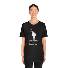 Load image into Gallery viewer, LLama make me loose my mind!  Llama Unisex T-Shirt.  Llama pun, funny tee.  Illustrated llama standing with its head cocked to the side and the words, LLama make me loose my mind! under it. Unique T-Shirts for men and women. This classic unisex jersey short sleeve tee fits like a well-loved favorite.  Perfect t-shirt fit for men or women.
