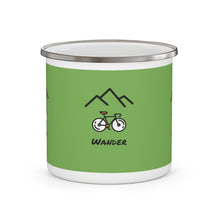 Load image into Gallery viewer, Wander Mountain Bike Coffee Mug.  Enamel Camping Mug. The perfect mug to express your wanderlust or a unique gift for the traveler in your life. Get your hands on this durable enamel mug that holds 12 ounces of your favorite beverage. Great for indoors and outdoors activities as it can keep up with the dirt and grunge of campsites. This sturdy and stylish cup is perfect for coffee, tea or even your morning cereal in the wild.
