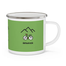 Load image into Gallery viewer, Wander Mountain Bike Coffee Mug.  Enamel Camping Mug. The perfect mug to express your wanderlust or a unique gift for the traveler in your life. Get your hands on this durable enamel mug that holds 12 ounces of your favorite beverage. Great for indoors and outdoors activities as it can keep up with the dirt and grunge of campsites. This sturdy and stylish cup is perfect for coffee, tea or even your morning cereal in the wild.
