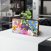 Load image into Gallery viewer, HIPPIE FLOWER ZIPPER WALLET - Flower wallet. Cute gift - Stylish wallet for women. Carry around all your credit cards, cash, and driver&#39;s licenses in style. Made with cruelty-free faux leather - Size: 7.87&quot; x 4.33&quot; (20cm x 11cm)
