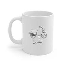 Load image into Gallery viewer, Wander. Scooter Moped Coffee Mug. The perfect mug to express your wanderlust or a unique gift for the traveler in your life. Warm up with a nice cuppa out of this customized ceramic coffee mug. It’s microwave &amp; dishwasher-safe and made of white, durable ceramic in an 11-ounce size. Its the perfect gift for coffee, tea, and chocolate lovers.
