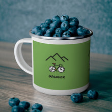 Load image into Gallery viewer, Wander Mountain Bike Coffee Mug.  Enamel Camping Mug. The perfect mug to express your wanderlust or a unique gift for the traveler in your life. Get your hands on this durable enamel mug that holds 12 ounces of your favorite beverage. Great for indoors and outdoors activities as it can keep up with the dirt and grunge of campsites. This sturdy and stylish cup is perfect for coffee, tea or even your morning cereal in the wild.
