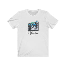 Load image into Gallery viewer, Wander Santorini T-Shirt. Greek Island tee. Travel lover shirt. The perfect tee to express your wanderlust or a unique gift for the traveler in your life. This comfy cotton tee shirt is great for men and women.  This classic unisex jersey short sleeve tee fits like a well-loved favorite. Soft cotton and quality print make you fall in love with it.
