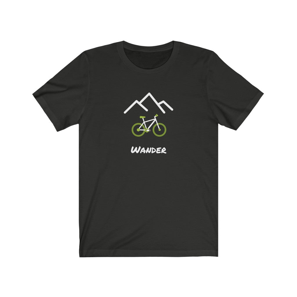 Wander Mountain Bike T-Shirt. Bicycle tee. Outdoor travel lover shirt. The perfect tee to express your wanderlust or a unique gift for the traveler in your life. This comfy cotton tee shirt is great for men and women.  This classic unisex jersey short sleeve tee fits like a well-loved favorite. Soft cotton and quality print make you fall in love with it.