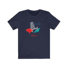 Load image into Gallery viewer, Short sleeve cotton T-Shirt for both men and women and offered in 5 great colors.  This comfy t-shirt combines all the iconic San Fran elements.  The golden gate bridge, seals, poppies, and the Cali spirit all in one beautiful design.  Perfect for a SF lover, California fan. 
