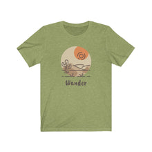 Load image into Gallery viewer, Wander Desert Sun T-Shirt. Desert and cactus inspired tee. Travel lover shirt. The perfect tee to express your wanderlust or a unique gift for the traveler in your life. This comfy cotton tee shirt is great for men and women.  This classic unisex jersey short sleeve tee fits like a well-loved favorite. Soft cotton and quality print make you fall in love with it.
