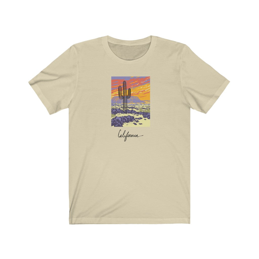 California desert T-Shirt. Cali lover tee. Cactus, mountain, desert shirt. This classic unisex jersey short sleeve tee fits like a well-loved favorite. Soft cotton and quality print make you fall in love with it. For both men and women and offered in 5 great colors.