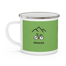 Load image into Gallery viewer, Wander Mountain Bike Coffee Mug.  Enamel Camping Mug. The perfect mug to express your wanderlust or a unique gift for the traveler in your life. Get your hands on this durable enamel mug that holds 12 ounces of your favorite beverage. Great for indoors and outdoors activities as it can keep up with the dirt and grunge of campsites. This sturdy and stylish cup is perfect for coffee, tea or even your morning cereal in the wild.
