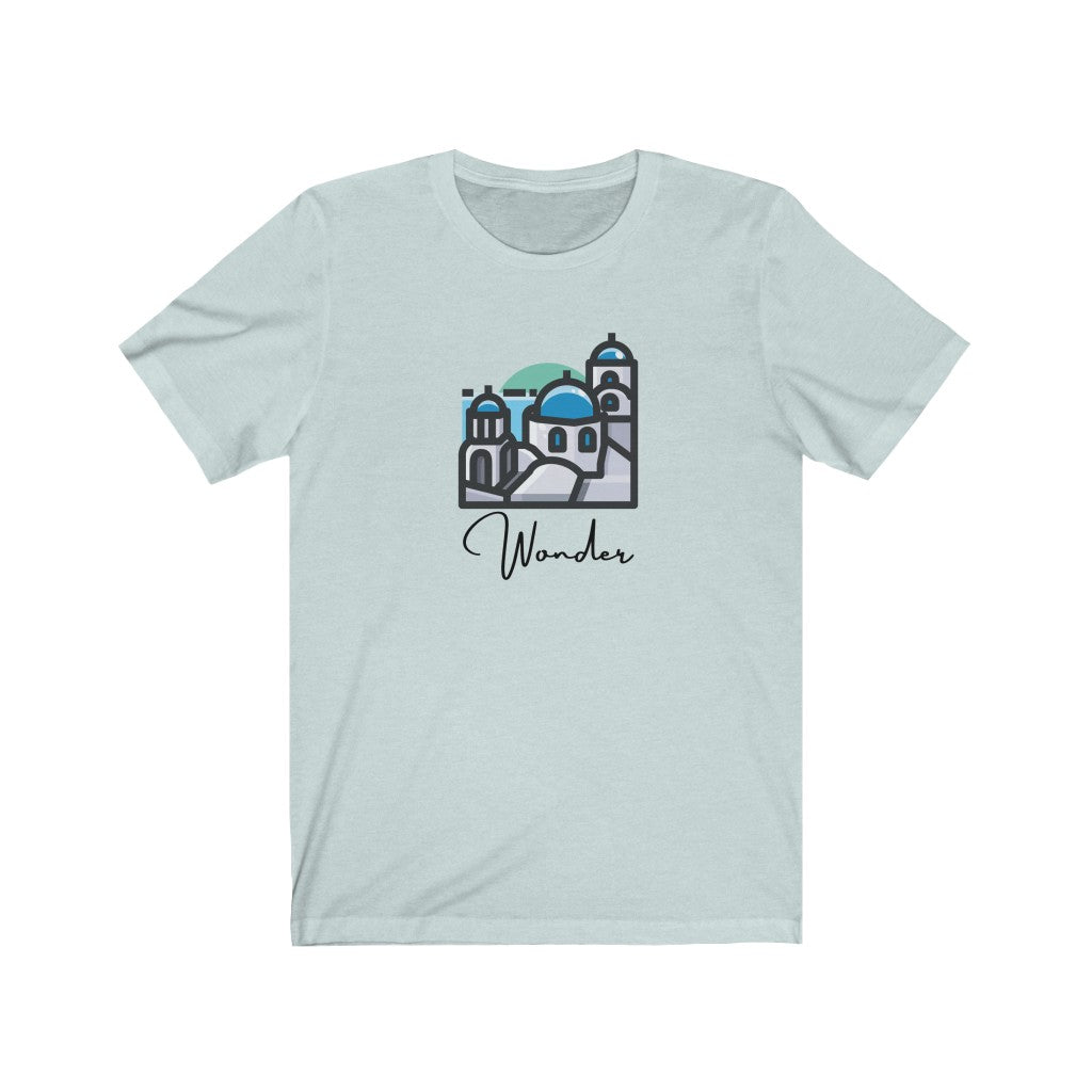 Wander Santorini T-Shirt. Greek Island tee. Travel lover shirt. The perfect tee to express your wanderlust or a unique gift for the traveler in your life. This comfy cotton tee shirt is great for men and women.  This classic unisex jersey short sleeve tee fits like a well-loved favorite. Soft cotton and quality print make you fall in love with it.