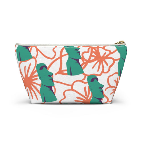 Tiki Flower cosmetic pouch with zipper top and large bottom, with a white background.  Orange outlined hibiscus flowers and teal green  Easter Island statue heads in a repeating pattern.
