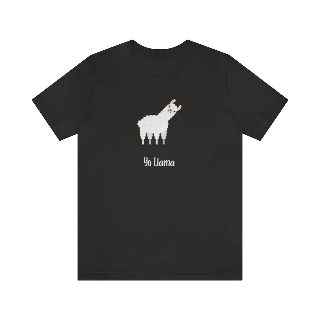Yo Llama T-Shirt -  Unisex Llama T-shirt .  Llama Unisex Tee.  Llama pun, funny tee.  Illustrated llama standing with its head cocked to the side and looking inquisitively and the words, Yo Llama, under it. Unique T-Shirts for men and women. This classic unisex jersey short sleeve tee fits like a well-loved favorite.  Perfect t-shirt fit for men or women.