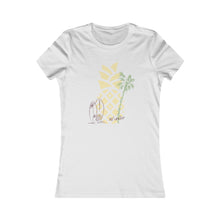 Load image into Gallery viewer, Hawaii Surf T-Shirt. Junior&#39;s short sleeve beach tee.  Surfboard shirt. Great gift for a beach lover. Aloha! Pineapple and palm tree.  Her go-to tee fits like a well-loved favorite, featuring a slim feminine fit. Additionally, it is comfortable with super soft cotton and quality print that will make you fall in love with it.
