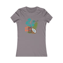 Load image into Gallery viewer, Sport your aloha with this perfectly tropical tee. Junior&#39;s short sleeve tee. Hibiscus, tikis, and coconuts! Hawaii shirt. Her go-to tee fits like a well-loved favorite, featuring a slim feminine fit. Additionally, it is comfortable with super soft cotton and quality print. 
