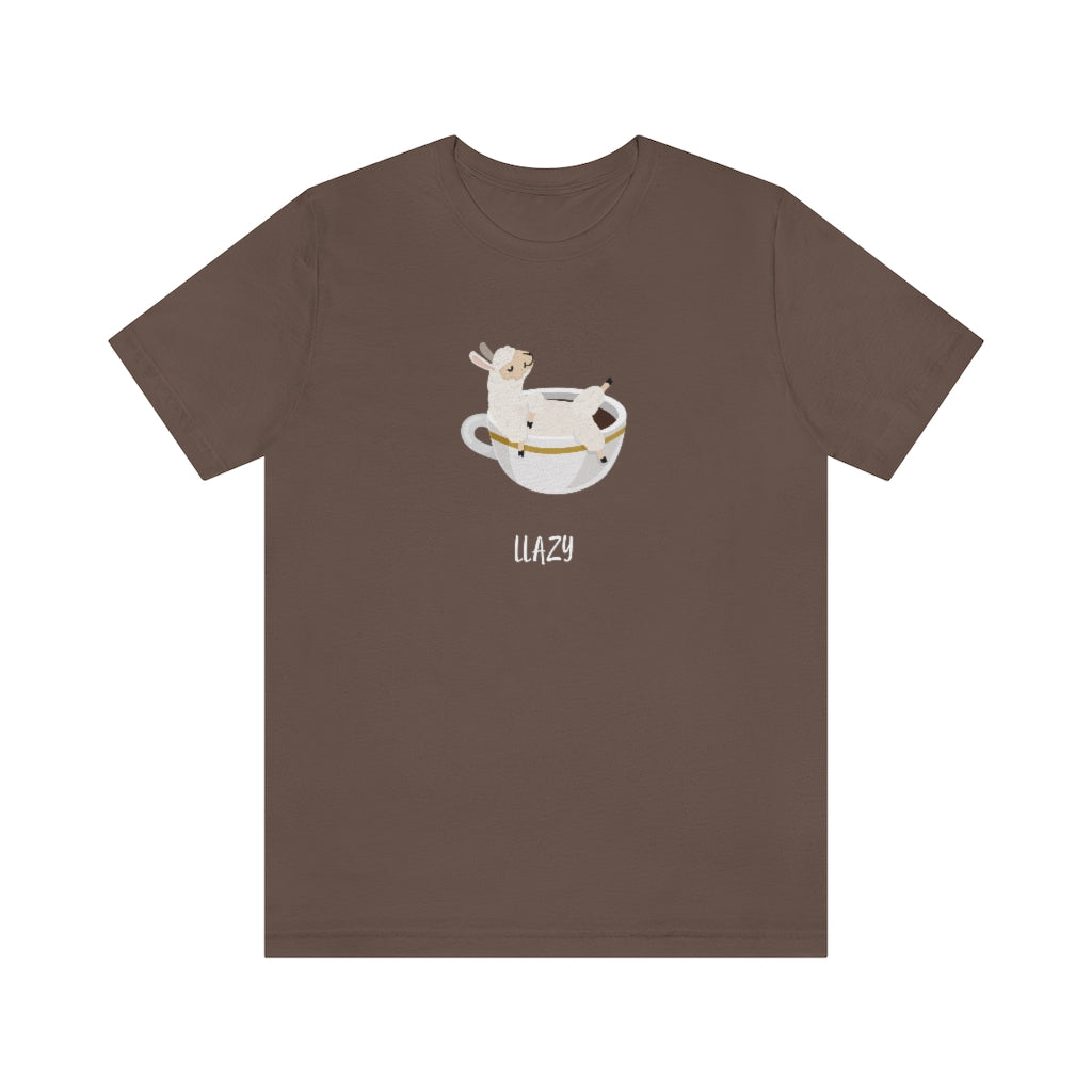 Llazy - Unisex Llama T-shirt .  Llama Unisex Tee.  Llama pun, funny tee.  Illustrated llama lounging in a big cup of coffee and the words, Llazy under it. Unique T-Shirts for men and women. This classic unisex jersey short sleeve tee fits like a well-loved favorite.  Perfect t-shirt fit for men or women.