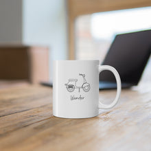 Load image into Gallery viewer, Wander. Scooter Moped Coffee Mug. The perfect mug to express your wanderlust or a unique gift for the traveler in your life. Warm up with a nice cuppa out of this customized ceramic coffee mug. It’s microwave &amp; dishwasher-safe and made of white, durable ceramic in an 11-ounce size. Its the perfect gift for coffee, tea, and chocolate lovers.
