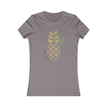 Load image into Gallery viewer, Hawaii Surf T-Shirt. Junior&#39;s short sleeve beach tee.  Surfboard shirt. Great gift for a beach lover. Aloha! Pineapple and palm tree.  Her go-to tee fits like a well-loved favorite, featuring a slim feminine fit. Additionally, it is comfortable with super soft cotton and quality print that will make you fall in love with it.
