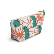 Load image into Gallery viewer, Tiki Flower cosmetic pouch with zipper top and large bottom, with a white background.  Orange outlined hibiscus flowers and teal green  Easter Island statue heads in a repeating pattern.
