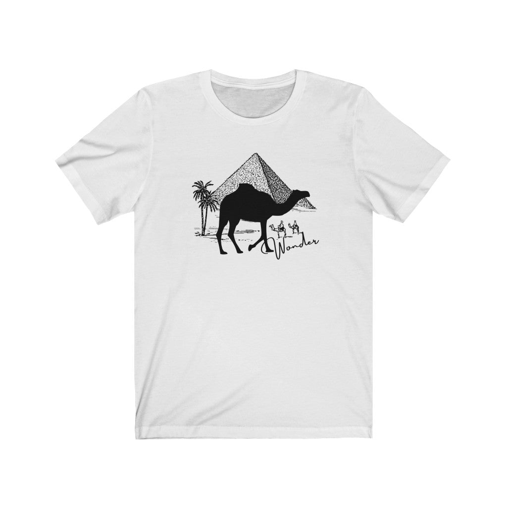 Wander Pyramid Camel T-Shirt. Retro Pyramid, Egypt tee. Travel lover shirt. The perfect tee to express your wanderlust or a unique gift for the traveler in your life. This comfy cotton tee shirt is great for men and women.  This classic unisex jersey short sleeve tee fits like a well-loved favorite. Soft cotton and quality print make you fall in love with it.