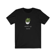 Load image into Gallery viewer, What the succulent tee. Succulent humor T-Shirt. Cactus succulent shirt- cute, funny gift. This soft short sleeve tee will get attention with its play on words and chic look. This classic unisex jersey short sleeve tee fits like a well-loved favorite. Great short sleeve tee for men or women.  Soft cotton and quality print.
