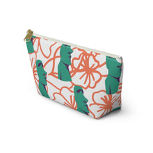 Load image into Gallery viewer, Tiki Flower cosmetic pouch with zipper top and large bottom, with a white background.  Orange outlined hibiscus flowers and teal green  Easter Island statue heads in a repeating pattern.
