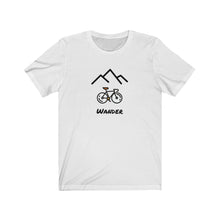 Load image into Gallery viewer, Wander Mountain Bike T-Shirt. Bicycle tee. Outdoor travel lover shirt. The perfect tee to express your wanderlust or a unique gift for the traveler in your life. This comfy cotton tee shirt is great for men and women.  This classic unisex jersey short sleeve tee fits like a well-loved favorite. Soft cotton and quality print make you fall in love with it.
