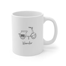 Load image into Gallery viewer, Wander. Scooter Moped Coffee Mug. The perfect mug to express your wanderlust or a unique gift for the traveler in your life. Warm up with a nice cuppa out of this customized ceramic coffee mug. It’s microwave &amp; dishwasher-safe and made of white, durable ceramic in an 11-ounce size. Its the perfect gift for coffee, tea, and chocolate lovers.
