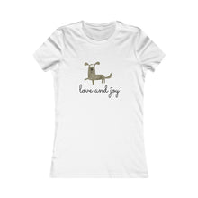 Load image into Gallery viewer, Cute Dog T-Shirt - Love and Joy Dog Tee - Cartoon Dog TShirt - Junior&#39;s adorable cotton tee. Dog Lover Shirt.  Her go-to tee fits like a well-loved favorite, featuring a slim feminine fit.  Additionally, it is comfortable with super soft cotton and quality print that will make you fall in love with it. 
