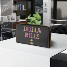 Load image into Gallery viewer, Dolla Bills Y&#39;All!! Zipper wallet. This fun and kitschy wallet will catch some attention. You&#39;ll love the gold stitching and cute design that will be a statement piece in your collection. Carry around all your credit cards, cash, and driver&#39;s licenses in style. Made with cruelty-free faux leather, this wallet comes packed with utility and beauty. 
