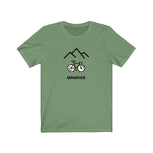 Load image into Gallery viewer, Wander Mountain Bike T-Shirt. Bicycle tee. Outdoor travel lover shirt. The perfect tee to express your wanderlust or a unique gift for the traveler in your life. This comfy cotton tee shirt is great for men and women.  This classic unisex jersey short sleeve tee fits like a well-loved favorite. Soft cotton and quality print make you fall in love with it.
