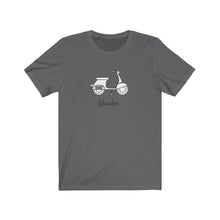 Load image into Gallery viewer, Wander Scooter T-Shirt. French and Italian Moped inspired tee. Travel lover shirt. The perfect tee to express your wanderlust or a unique gift for the traveler in your life. This comfy cotton tee shirt is great for men and women.  This classic unisex jersey short sleeve tee fits like a well-loved favorite. Soft cotton and quality print make you fall in love with it.
