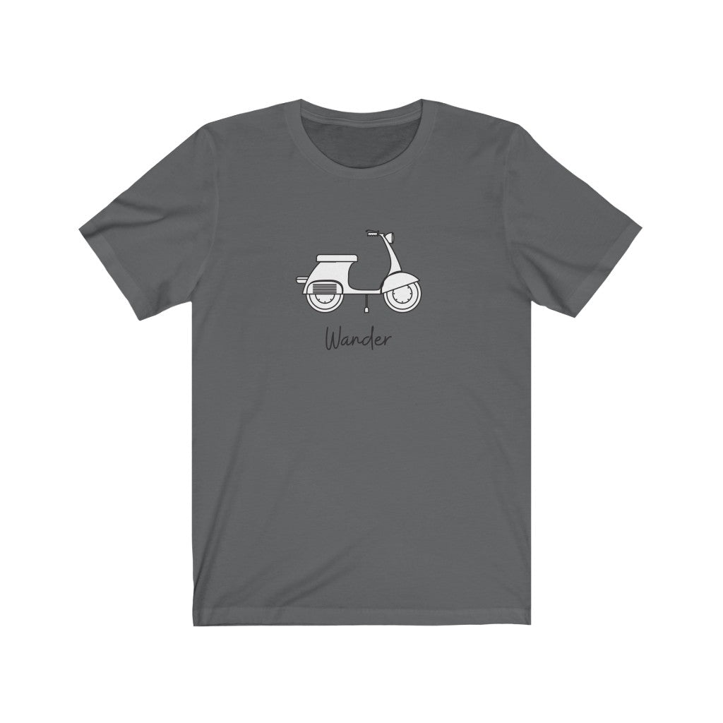 Wander Scooter T-Shirt. French and Italian Moped inspired tee. Travel lover shirt. The perfect tee to express your wanderlust or a unique gift for the traveler in your life. This comfy cotton tee shirt is great for men and women.  This classic unisex jersey short sleeve tee fits like a well-loved favorite. Soft cotton and quality print make you fall in love with it.