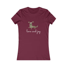 Load image into Gallery viewer, Cute Dog T-Shirt - Love and Joy Dog Tee - Cartoon Dog TShirt - Junior&#39;s adorable cotton tee. Dog Lover Shirt.  Her go-to tee fits like a well-loved favorite, featuring a slim feminine fit.  Additionally, it is comfortable with super soft cotton and quality print that will make you fall in love with it.
