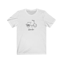 Load image into Gallery viewer, Wander Scooter T-Shirt. French and Italian Moped inspired tee. Travel lover shirt. The perfect tee to express your wanderlust or a unique gift for the traveler in your life. This comfy cotton tee shirt is great for men and women.  This classic unisex jersey short sleeve tee fits like a well-loved favorite. Soft cotton and quality print make you fall in love with it.
