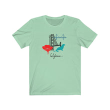 Load image into Gallery viewer, Short sleeve cotton T-Shirt for both men and women and offered in 5 great colors.  This comfy t-shirt combines all the iconic San Fran elements.  The golden gate bridge, seals, poppies, and the Cali spirit all in one beautiful design.  Perfect for a SF lover, California fan. 
