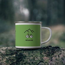 Load image into Gallery viewer, Wander Mountain Bike Coffee Mug.  Enamel Camping Mug. The perfect mug to express your wanderlust or a unique gift for the traveler in your life. Get your hands on this durable enamel mug that holds 12 ounces of your favorite beverage. Great for indoors and outdoors activities as it can keep up with the dirt and grunge of campsites. This sturdy and stylish cup is perfect for coffee, tea or even your morning cereal in the wild.
