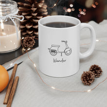 Load image into Gallery viewer, Wander. Scooter Moped Coffee Mug. The perfect mug to express your wanderlust or a unique gift for the traveler in your life. Warm up with a nice cuppa out of this customized ceramic coffee mug. It’s microwave &amp; dishwasher-safe and made of white, durable ceramic in an 11-ounce size. Its the perfect gift for coffee, tea, and chocolate lovers.
