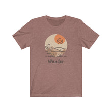 Load image into Gallery viewer, Wander Desert Sun T-Shirt. Desert and cactus inspired tee. Travel lover shirt. The perfect tee to express your wanderlust or a unique gift for the traveler in your life. This comfy cotton tee shirt is great for men and women.  This classic unisex jersey short sleeve tee fits like a well-loved favorite. Soft cotton and quality print make you fall in love with it.
