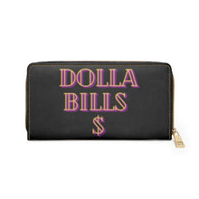 Load image into Gallery viewer, Dolla Bills Y&#39;All!! Zipper wallet. This fun and kitschy wallet will catch some attention. You&#39;ll love the gold stitching and cute design that will be a statement piece in your collection. Carry around all your credit cards, cash, and driver&#39;s licenses in style. Made with cruelty-free faux leather, this wallet comes packed with utility and beauty. 
