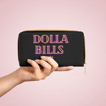 Load image into Gallery viewer, Dolla Bills Y&#39;All!! Zipper wallet. This fun and kitschy wallet will catch some attention. You&#39;ll love the gold stitching and cute design that will be a statement piece in your collection. Carry around all your credit cards, cash, and driver&#39;s licenses in style. Made with cruelty-free faux leather, this wallet comes packed with utility and beauty. 
