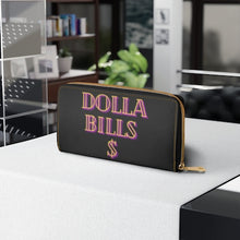 Load image into Gallery viewer, Dolla Bills Y&#39;All!! Zipper wallet. This fun and kitschy wallet will catch some attention. You&#39;ll love the gold stitching and cute design that will be a statement piece in your collection. Carry around all your credit cards, cash, and driver&#39;s licenses in style. Made with cruelty-free faux leather, this wallet comes packed with utility and beauty. 
