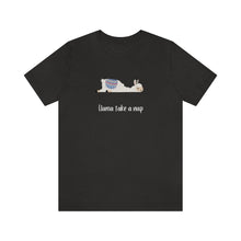 Load image into Gallery viewer, Llama going to take a nap - Unisex Llama Tee.  Llama pun, funny tee.  Cute llama laying on its stomach looking exhausted. Unique T-Shirts for men and women. This classic unisex jersey short sleeve tee fits like a well-loved favorite.  Perfect t-shirt fit for men or women.

